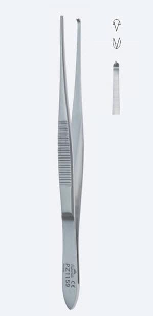 Пінцети, хірургічні, "Modell Stille", для тканин, прямі, кінчик 1,8 мм, зубці 1 х 2, загальна довжина 150 мм, 6". Бренд - Asanus Medizintechnik Gmb, Німеччина